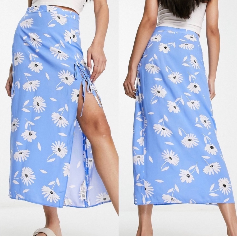 ASOS Design Blue Daisy Bow Detail Thigh High Side Slit Midi Skirt